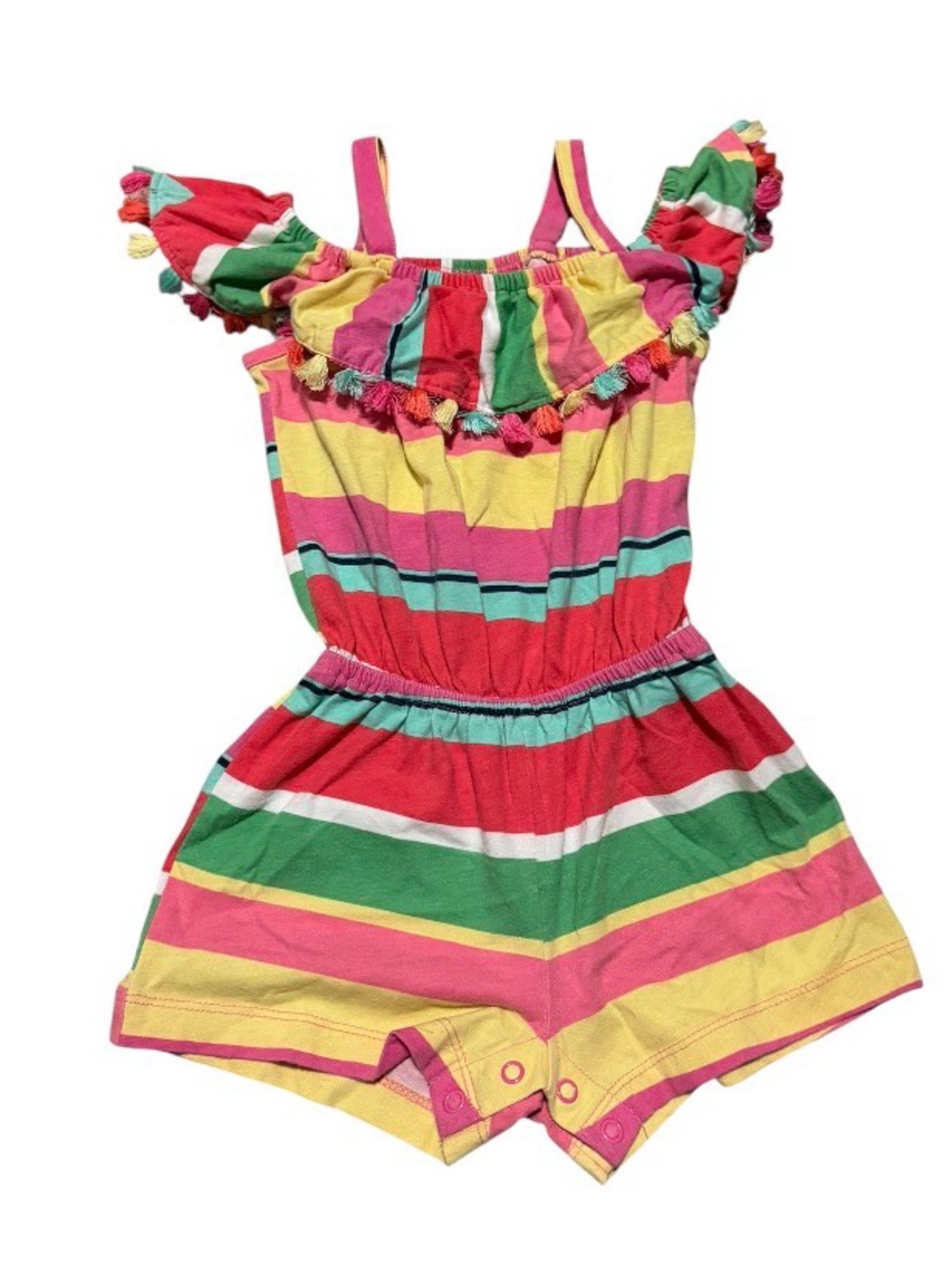 Girls' Multicolor Stripe Ruffle Romper with Pom Pom Details